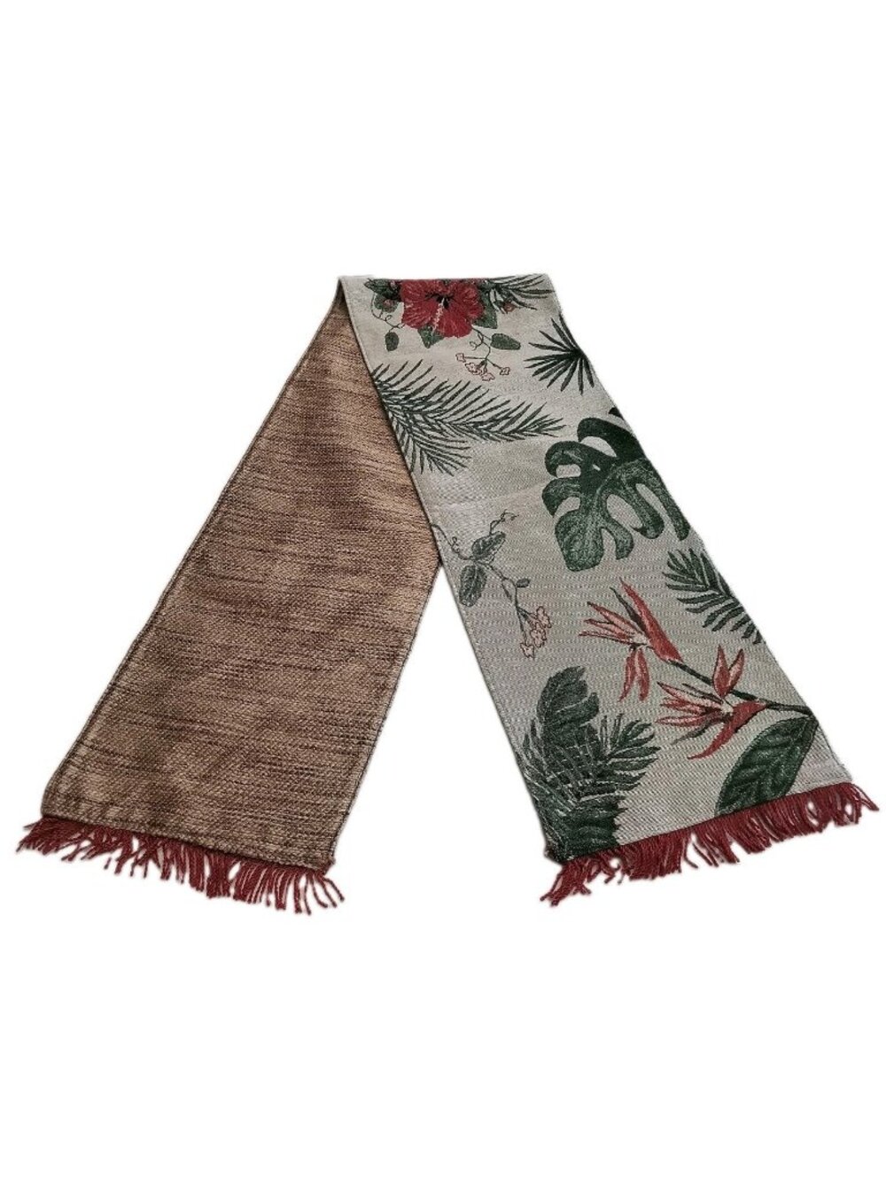 Tropical Tapestry Table Runner 70"x12"  Green Red Beige Floral Botanical Design